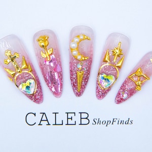 Unhas reutilizáveis inspiradas em Sailor Moon, unhas de caixão de luxo, unhas curtas com glitter, unhas postiças de pressão, unhas postiças de gel coloridas e divertidas