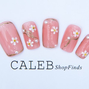 white flowers Press On Nails,Pink nails,Fake Nails,Kiss press on nails,hand painted nails,Cute Fun Colorful nails,short coffin nails