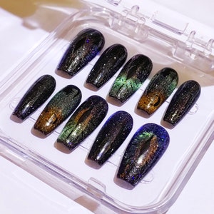 Press On Nails,Cat Eye Reflective Nails,Cat Lover Gift,Glitter Nails,Handpainted Mysterious Fake Nails,Adorable Cute Kitty Press On Nails