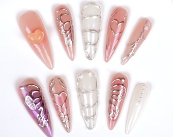 Press On Nails, Pink Nails, Romantic Nails, Luxurious 3D Nail Art, Cute Heart Nail Art, Vacation, Birthday, Prom Nails