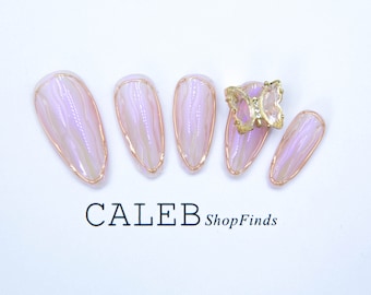 Light Pink  Aurora And Butterfly Press On Nails, Acrylic Nails,Coffin Nails Luxury,Glitter Short Nails,kiss press on nails