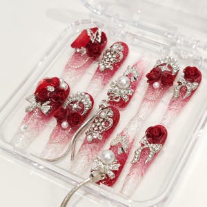 Diamond Press on Nails Gel,Reusable kiss press on nails,Roses Fake Nails,,Handmade Press on nails,Best friend gift,Birthday Gift