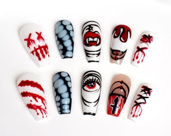 Pressato sulle unghie, unghie finte dipinte a mano, stampa mistica sulle unghie, set di unghie tavolozza stravagante, Halloween, fantasma, nail art festosa