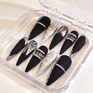 Press On Nails, Luxury Stiletto Nail Set,Frosted Hand-Painted Silver Nails,Premium Nails,Dark Silver Press on Nail,Prom/Party/Trip Nails