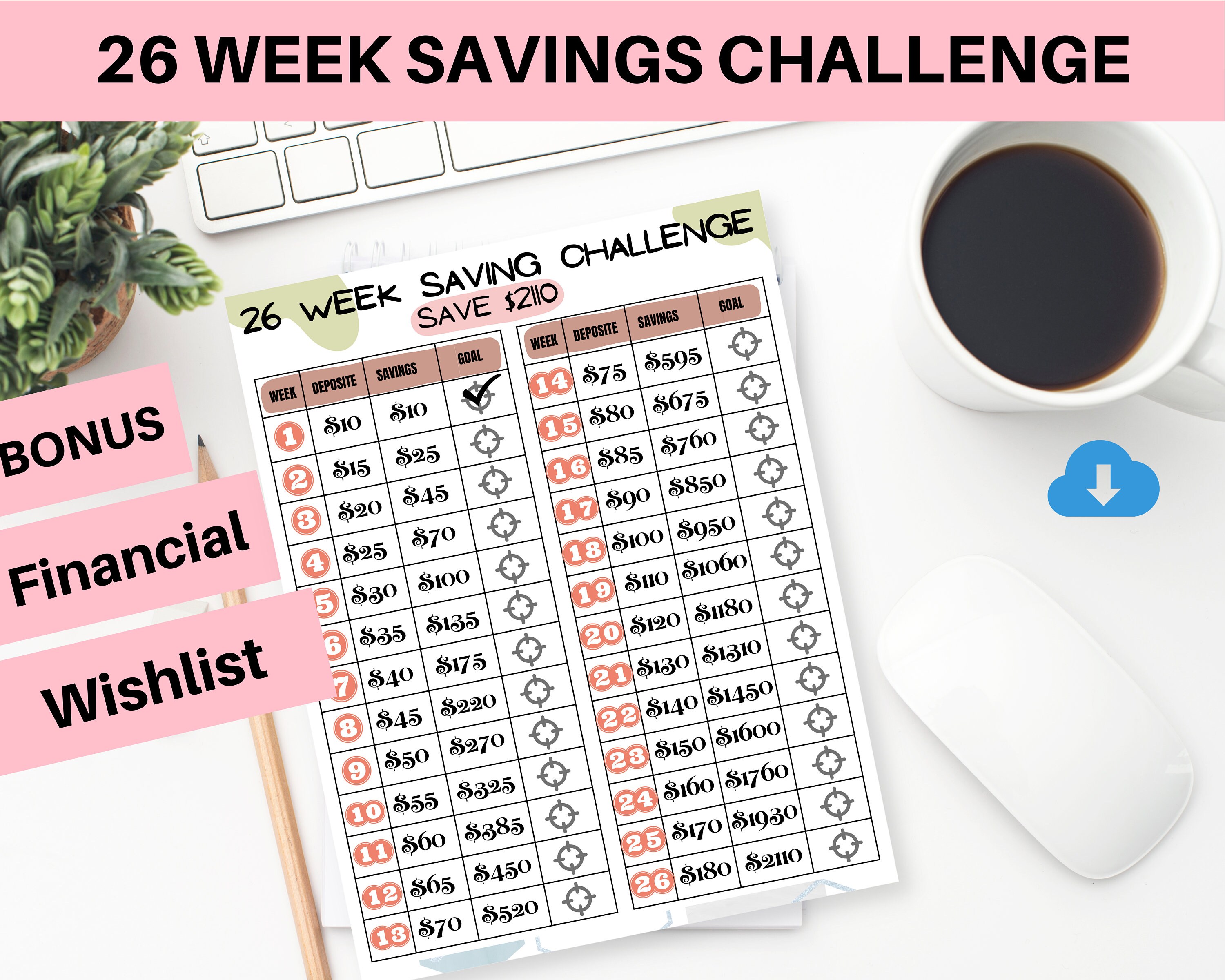 26 Week Savings Challenge Printable Cash Saving Challenge Monthly Money ...