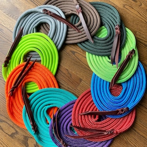 May include: A set of 10 colorful braided ropes with leather handles. The ropes are arranged in a circle, with the handles pointing outwards. The ropes are all different colors, including green, blue, red, orange, and purple.