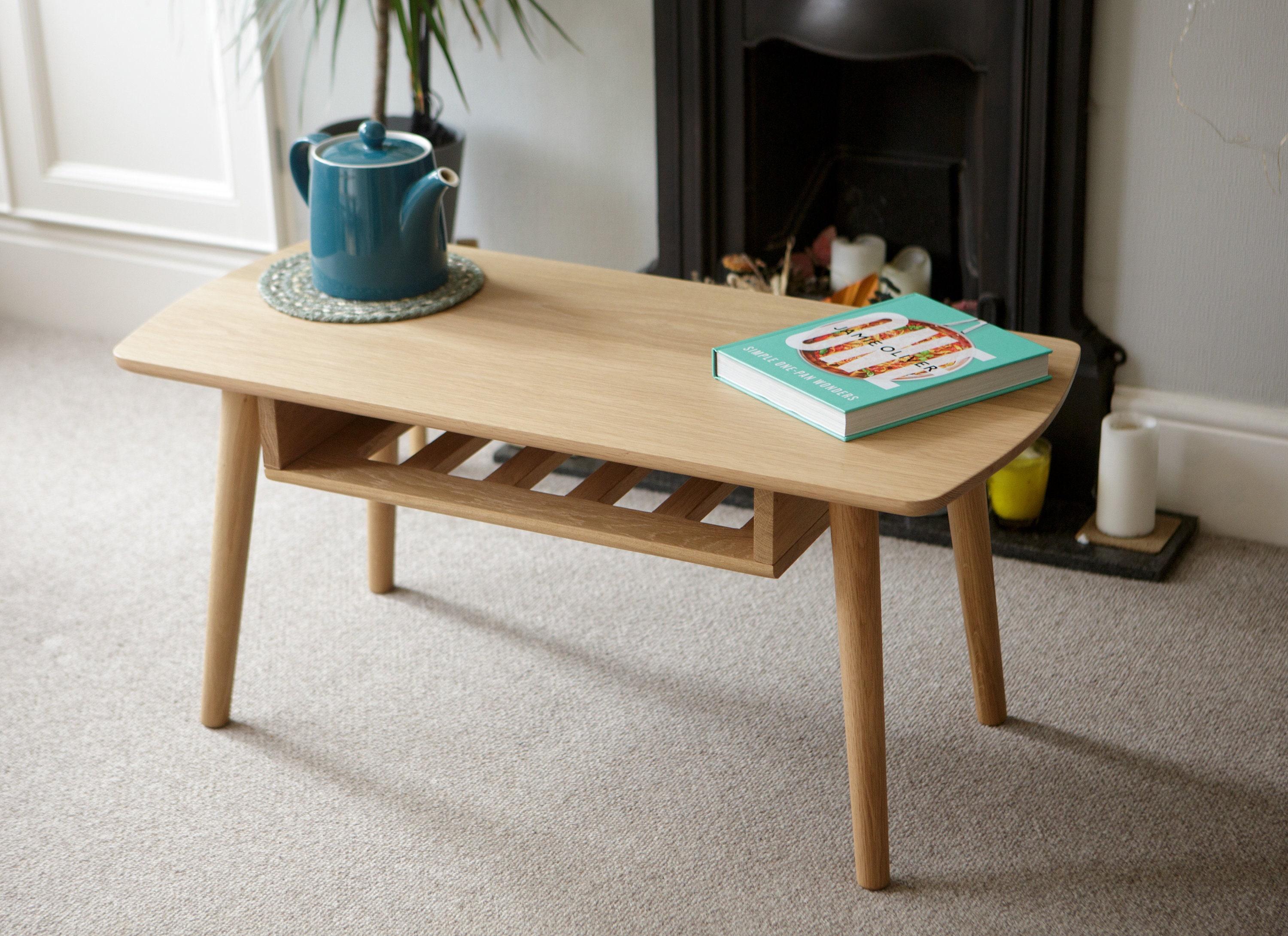 Mid Century Modern Wooden Coffee Table With Shelf - Oak Coffee Table ...