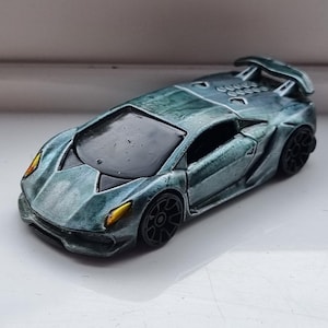 Unique custom hotwheels, 1:64 die-cast, Lamborghini Sesto Elemento, completely restored, special finish green tinted stressed metal, one-off
