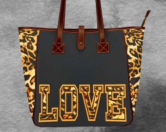LOVE Leopard Print Tote Bag, Fashion Tote for Women, Black Cheetah Print Handbag, Statement Shoulder Bag, Stylish Everyday Tote, Gift 4 Her