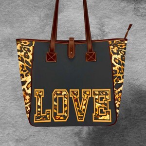 Bolso tote de lona con estampado de leopardo para mujer a la moda, bolso de mano impermeable con múltiples paneles y estampado LOVE, bolso grande con cremallera