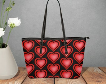 Red Heart large tote bag, Faux leather handbag with white pink or black accent color and shoulder straps, Valentine tote with hearts for her