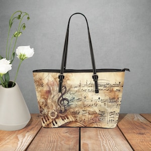 Partition vintage conçue pour sac à main, sac fourre-tout pour clé de sol, sac fourre-tout pour touches de piano, cadeau pour professeur de musique, sac en simili cuir pour mélomanes