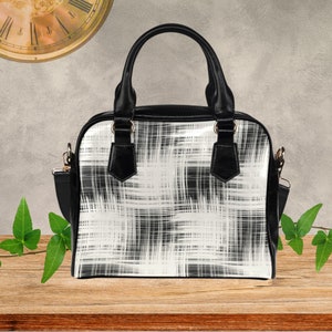 Bolso de mano de piel sintética negra con patrón de sombreado cruzado blanco - impreso en ambos lados, bolso cruzado de tamaño mediano con correa para el hombro y asas