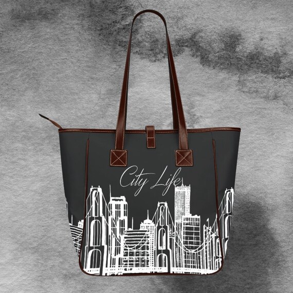 City Life Shoulder Canvas White Tote Bag Designer Style Big City Landscape Drawing Multi Panel Waterproof Handbag Tote Bag Large Purse Etsy