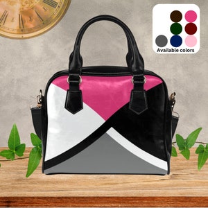 Sac à main en cuir noir avec motif entrecroisé gris, blanc et noir et rose ou choix de couleur d'accent, sac à main à bandoulière Women Crossbody