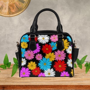 Sac à main en cuir Daisy Print, sac à main en similicuir avec fleurs colorées, sac à main Botonist, marguerites mignonnes sur cartable en cuir PU noir ou blanc