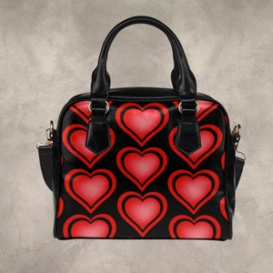 Sac à main en cuir avec motif coeur rouge, sac à main en similicuir avec motif coeur rouge et noir imprimé à l'avant et à l'arrière, sac à main mignon pour femme