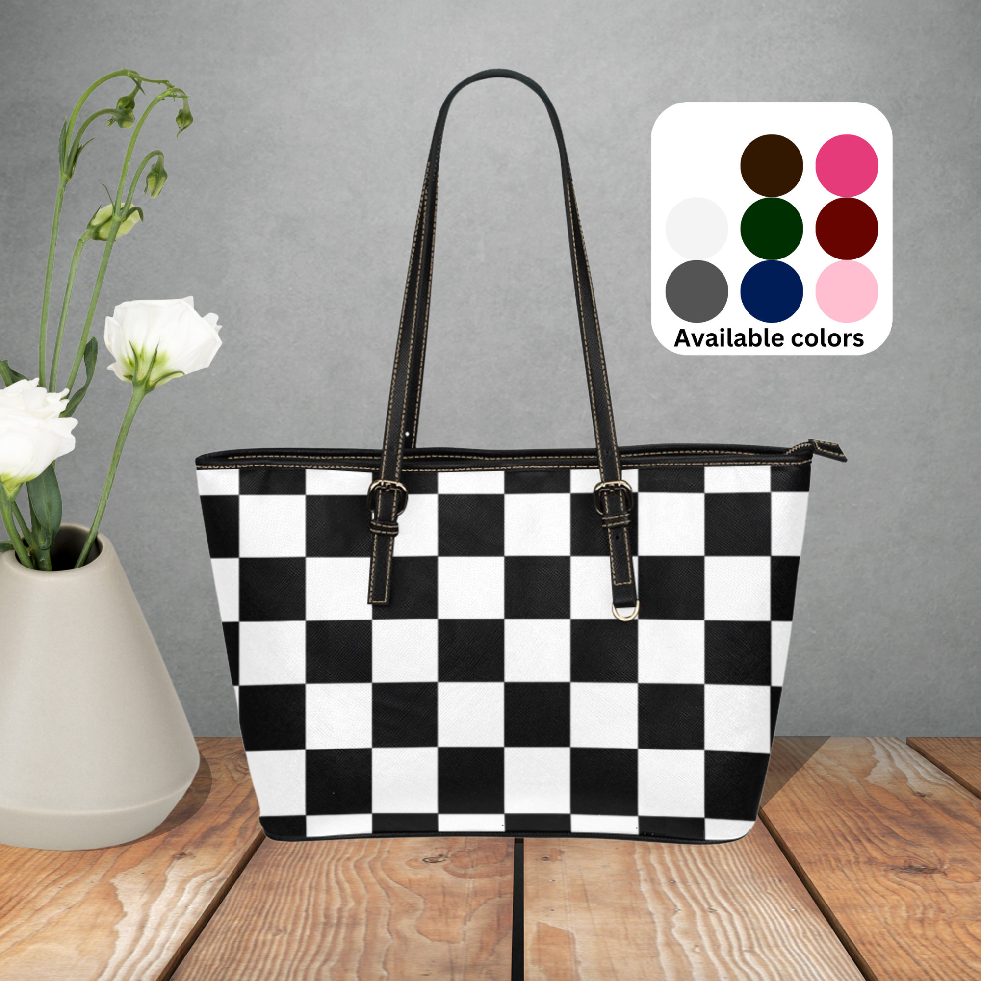 Womens White Checkered Tote Shoulder Bag Purse With Inner Pouch