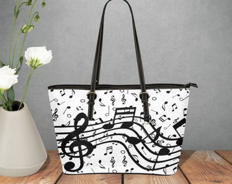 Music Notes Faux Leather Tote Bag: Black and White Handbag, Gift for Music Teacher