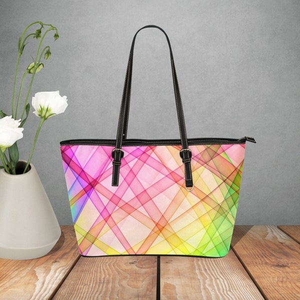 Neon colored woman’s handbag with black or pink adjustable handles, Bright Pink, Green, and Yellow striped Faux leather handbag tote for her