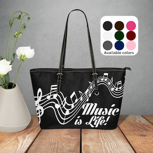Music Is Life große Ledertasche, schwarz grau weiße Handtasche mit Musiknoten und Violinschlüssel, Designer Style Ledertasche mit Griffen