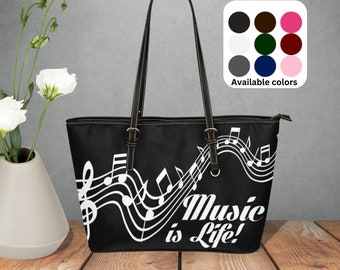 Music Is Life large leather tote bag, Black gray white handbag with musical notes and Treble Clef, Designer Style leather purse with handles