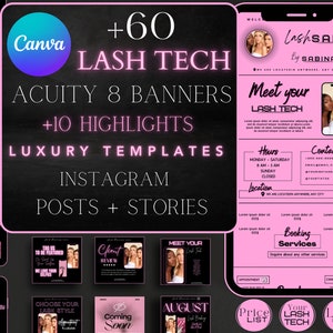 Lash Tech Instagram Templates: Pink Branding Kit Canva (60+ Posts)
