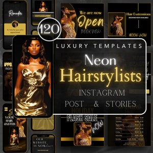 Luxury Hairstylist Instagram Templates: Gold & Black Canva Designs