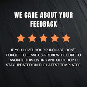 Puede incluir: Fondo negro con texto blanco "WE CARE ABOUT YOUR FEEDBACK" y cuatro estrellas naranjas. Debajo, texto blanco que anima a dejar una rese&ntilde;a y a marcar el anuncio como favorito para actualizaciones.