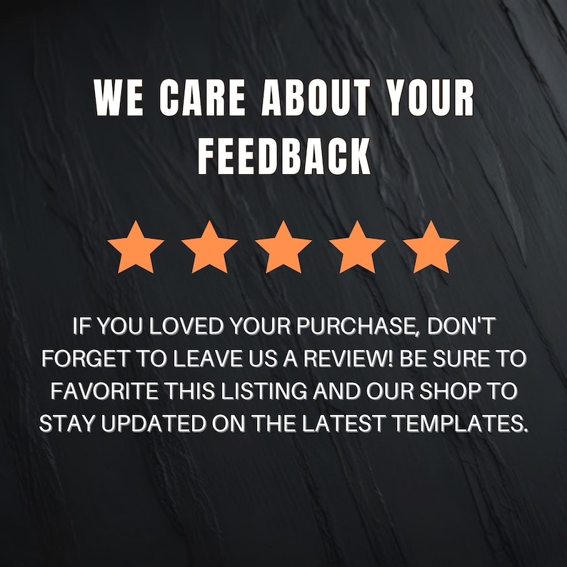 Puede incluir: Fondo negro con texto blanco "WE CARE ABOUT YOUR FEEDBACK" y cuatro estrellas naranjas. Debajo, texto blanco que anima a dejar una rese&ntilde;a y a marcar el anuncio como favorito para actualizaciones.