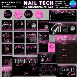 Nail Branding Kit templates | luxury nail tech business posts ig | Nail Logo, business card, loyalty, thank you, gift card, Price list nail