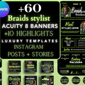 Grün Neon Braider Acuity Scheduling, Braid Stylist Instagram Post, Geschichte, Highlights Cover Vorlagen | Flechter Flyer | Flechtvorlage