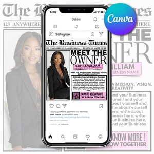 Puede incluir: Un tel&eacute;fono inteligente muestra una publicaci&oacute;n de Instagram con un dise&ntilde;o de peri&oacute;dico. El titular dice "Meet the Owner" con una foto de una mujer. El texto incluye "&iexcl;Escanea para saber m&aacute;s!" y "Crezcamos juntos".