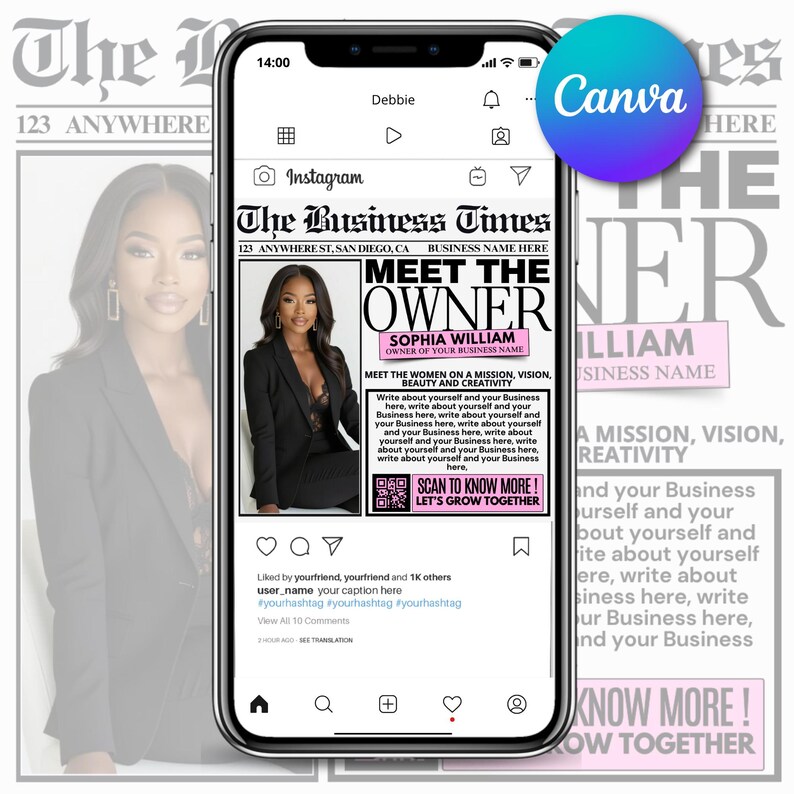Puede incluir: Un tel&eacute;fono inteligente muestra una publicaci&oacute;n de Instagram con un dise&ntilde;o de peri&oacute;dico. El titular dice "Meet the Owner" con una foto de una mujer. El texto incluye "&iexcl;Escanea para saber m&aacute;s!" y "Crezcamos juntos".