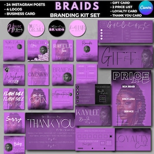 Lilac Braiding Branding Kit templates | braider business posts ig |braider Logo, business card, loyalty, thank you, gift card, Price list
