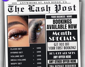 Folleto de reserva de pestañas: Plantilla de periódico DIY para salones de belleza (Editable en Canva)