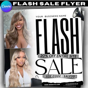 Può includere: Un volantino promozionale in bianco e nero con la scritta "FLASH SALE FLYER". Il volantino pubblicizza una vendita con la scritta "20% OFF ENTIRE SITE" e "USE CODE: SALE20". Due donne sono raffigurate sul volantino. Il volantino include anche un sito web e i social media.