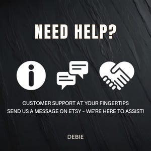 Puede incluir: Fondo negro con texto e iconos blancos. El texto dice "&iquest;NECESITAS AYUDA?" con iconos de informaci&oacute;n, burbujas de chat y un coraz&oacute;n de apret&oacute;n de manos. El texto adicional dice "ATENCI&Oacute;N AL CLIENTE A TU ALCANCE" y "ENV&Iacute;ANOS UN MENSAJE EN ETSY - &iexcl;ESTAMOS AQU&Iacute; PARA AYUDARTE!"