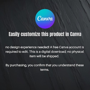 Puede incluir: Imagen con el logo de Canva en un c&iacute;rculo turquesa y morado. El texto dice: "Personaliza f&aacute;cilmente este producto en Canva." Texto adicional explica que es una descarga digital y requiere una cuenta Canva.