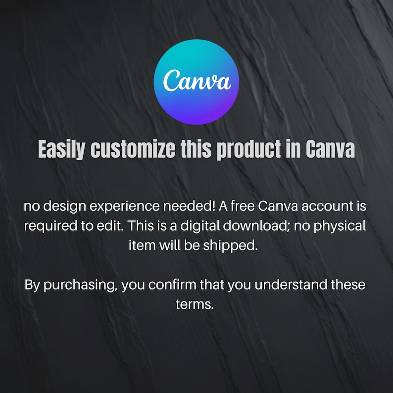 Puede incluir: Imagen con el logo de Canva en un c&iacute;rculo turquesa y morado. El texto dice: "Personaliza f&aacute;cilmente este producto en Canva." Texto adicional explica que es una descarga digital y requiere una cuenta Canva.