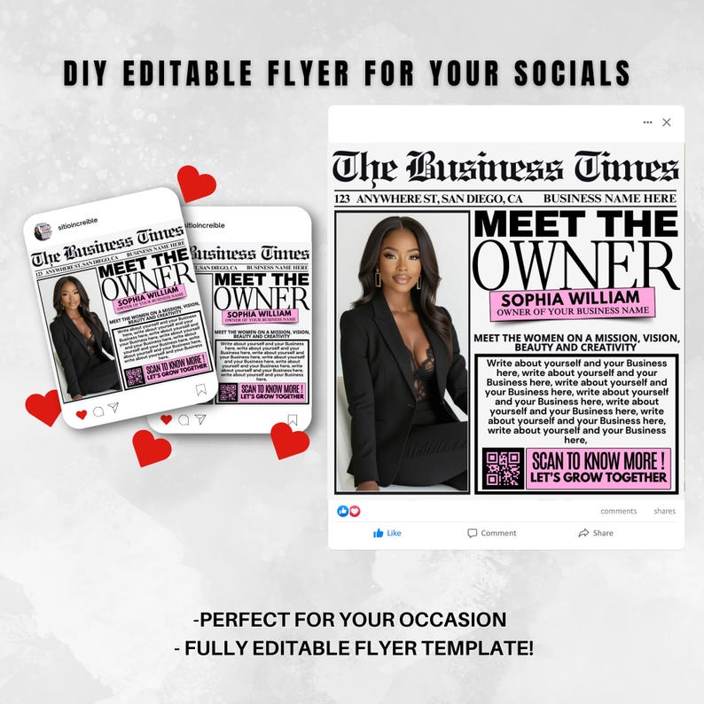 Puede incluir: Plantilla de volante digital con tema de peri&oacute;dico. El titular dice "Meet the Owner" con una foto de una mujer con una blazer negra. El volante incluye el texto "Scan to Know More! Let's Grow Together" y est&aacute; dise&ntilde;ado para redes sociales.