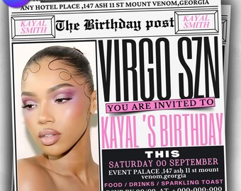 Virgo Birthday Party Flyer: Editable Canva Template (Digital Download 1080x1080 px )