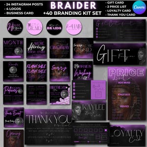Braider Branding Kit templates | Purple braider business posts ig |braider Logo, business card, loyalty, thank you, gift card, Price list