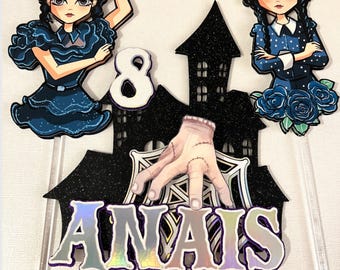 Addams Family Gothic Girl Cake Topper, Custom Birthday Party Decor