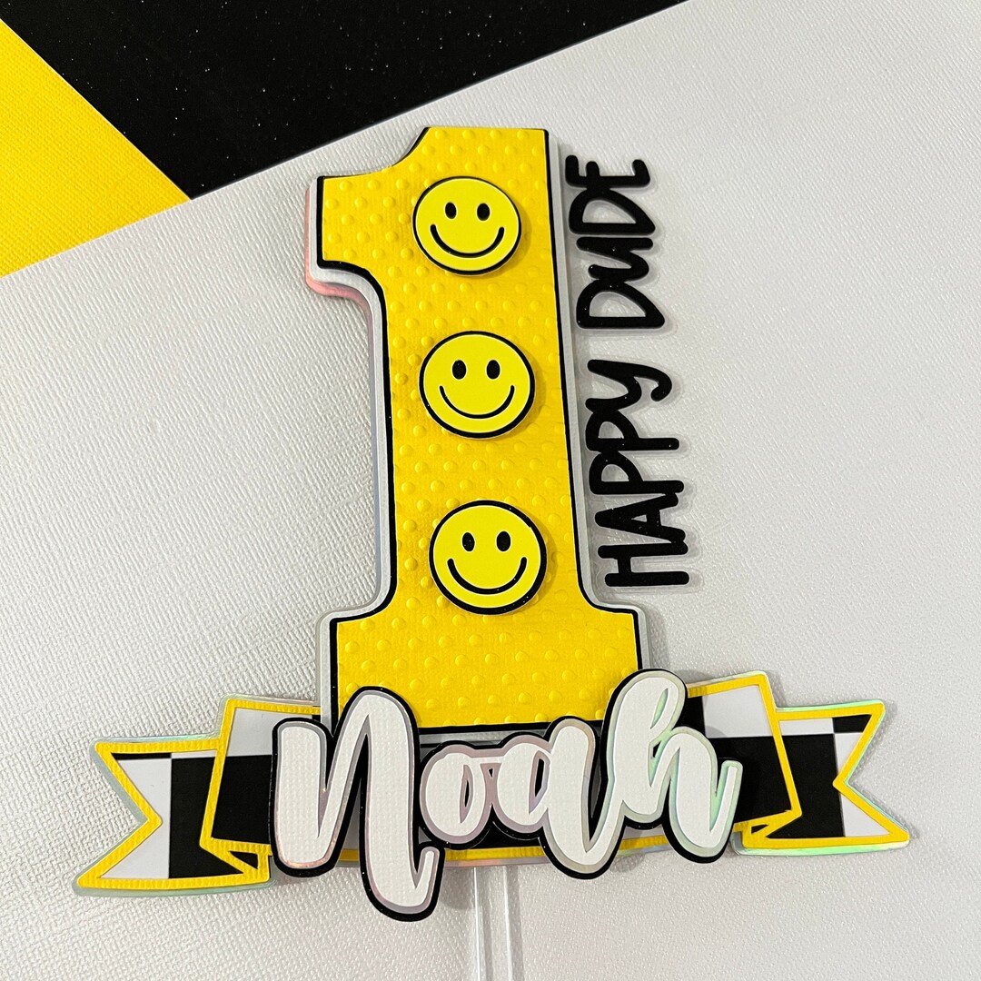 One Happy Dude Cake Topper First Birthday Happy Face Smiley Face Custom ...