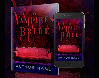 May include: Book cover for "The Vampire's Bride" with a red velvet couch and the author's name. The cover is displayed on a phone and a larger book.