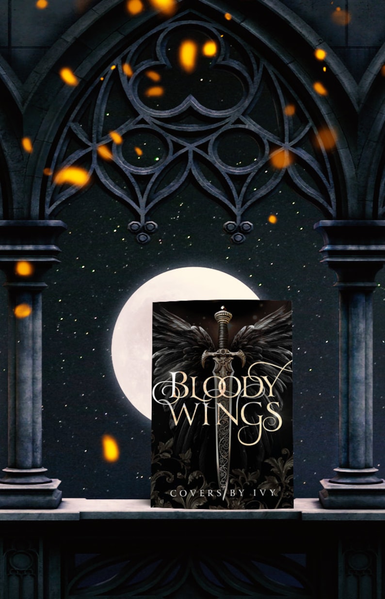 Peut inclure: Une couverture de livre avec un fond noir et des lettres dor&eacute;es. Le titre est "Bloody Wings" et la couverture pr&eacute;sente une &eacute;p&eacute;e avec des ailes noires. Le texte "Covers by Ivy" est en bas de la couverture.