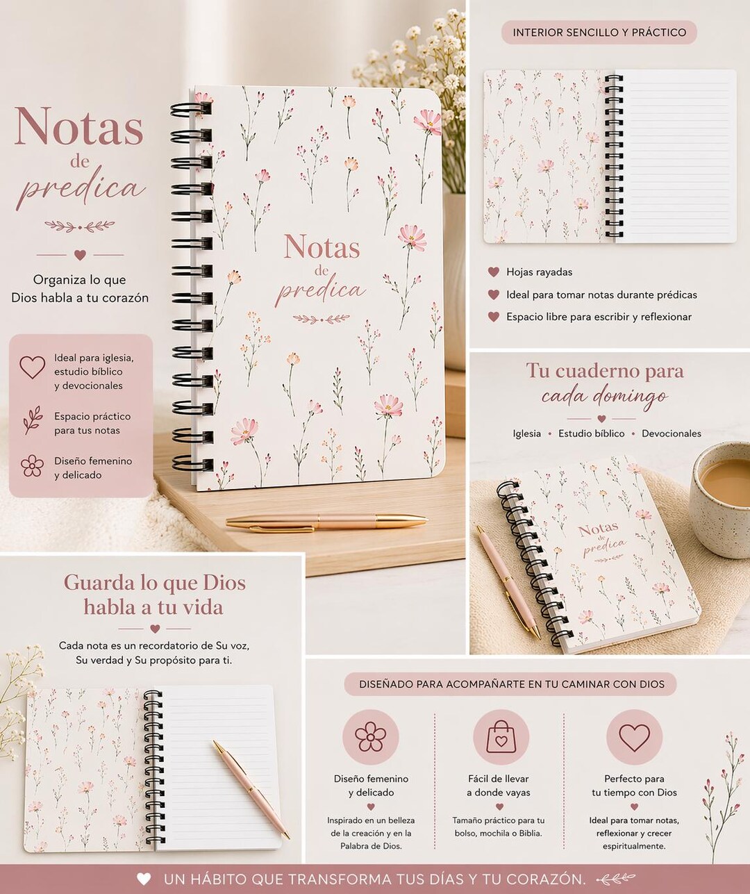 Christian Sermon Notes Journal | Floral Spiral Notebook for Women of ...