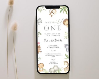 Safari eerste verjaardag Evite, Wild One eerste elektronische verjaardagsuitnodiging, bewerkbare Jungle Animals elektronische feestuitnodiging smartphone-evite