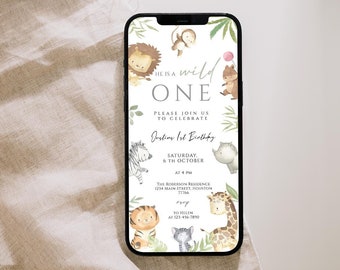 Safari eerste verjaardagsuitnodiging, Wild One 1e verjaardag elektronische evite, bewerkbare jungle dieren partij elektronische uitnodiging smartphone evite